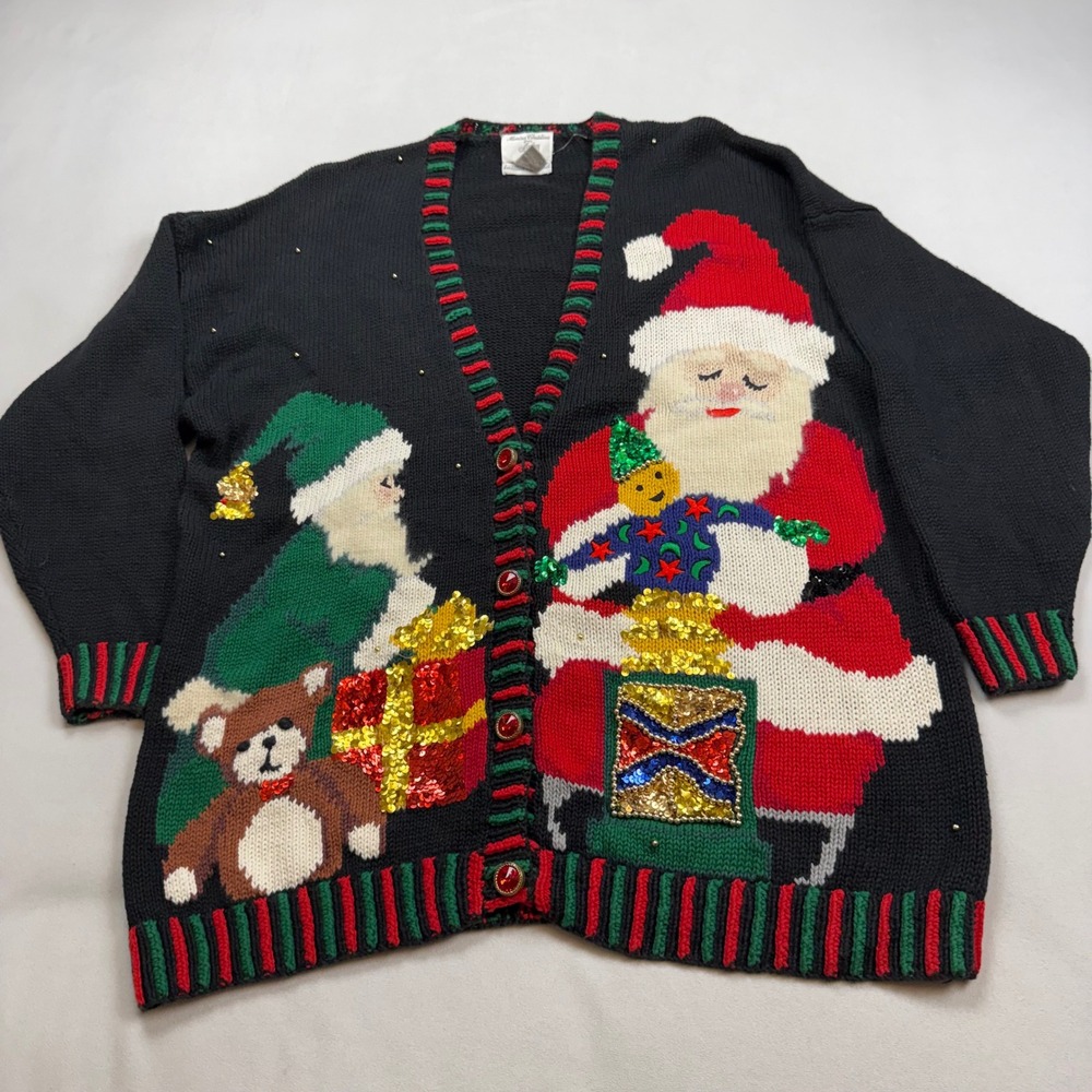 Marisa Christina Audrey Jones Vintage Christmas Santa Sequin Cardigan Sweater 2X